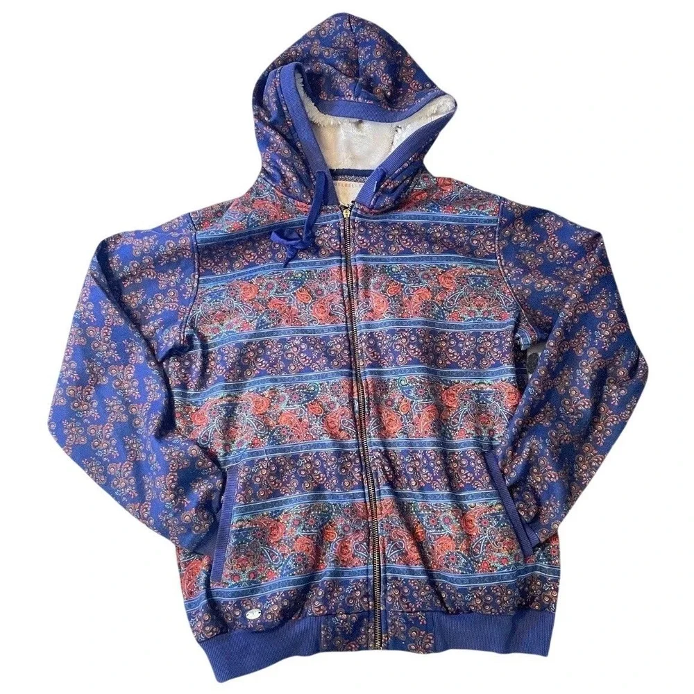 Angelbells Paisley Floral Zip Up Hoodie Kids XXL Blue Sherpa Lined Sweatshirt